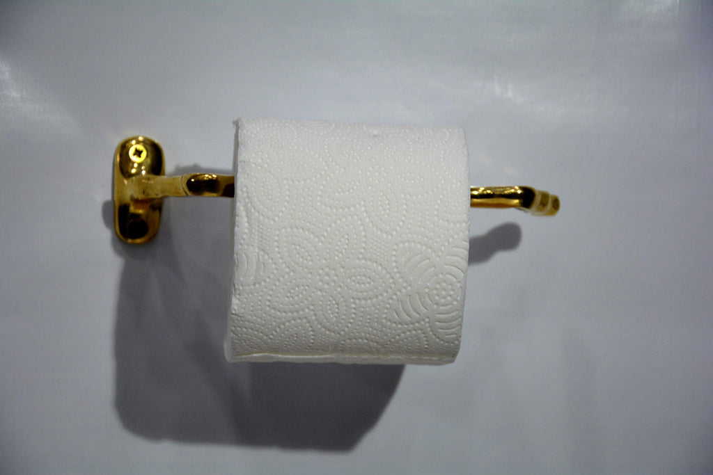 Handmade brass towel rail, engraved unlacquered brass toilet paper holder, brass toilet roll holder