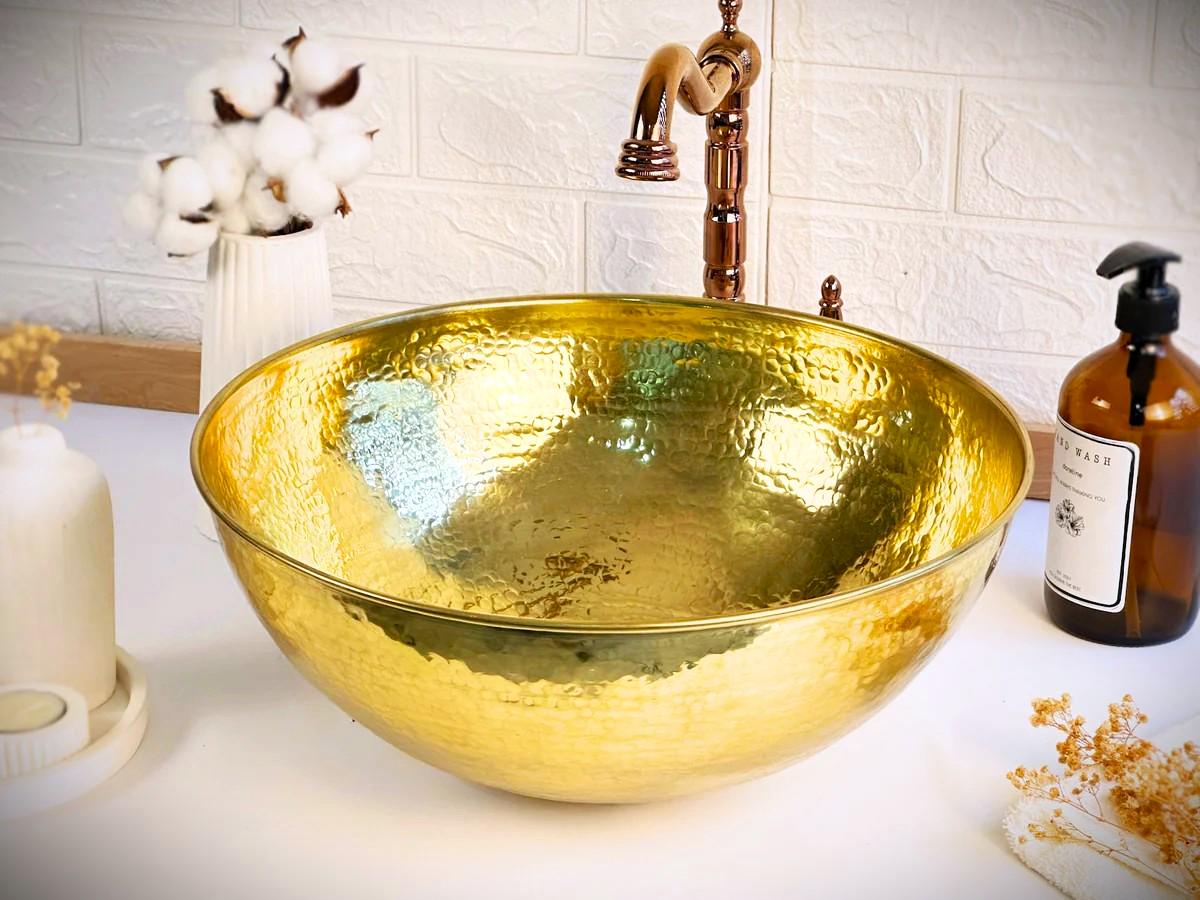 Lavabo en laiton non vernis martelé à la main | Lavabo en cuivre pour salle de bain moderne | Lavabo rond à poser | Décoration intérieure