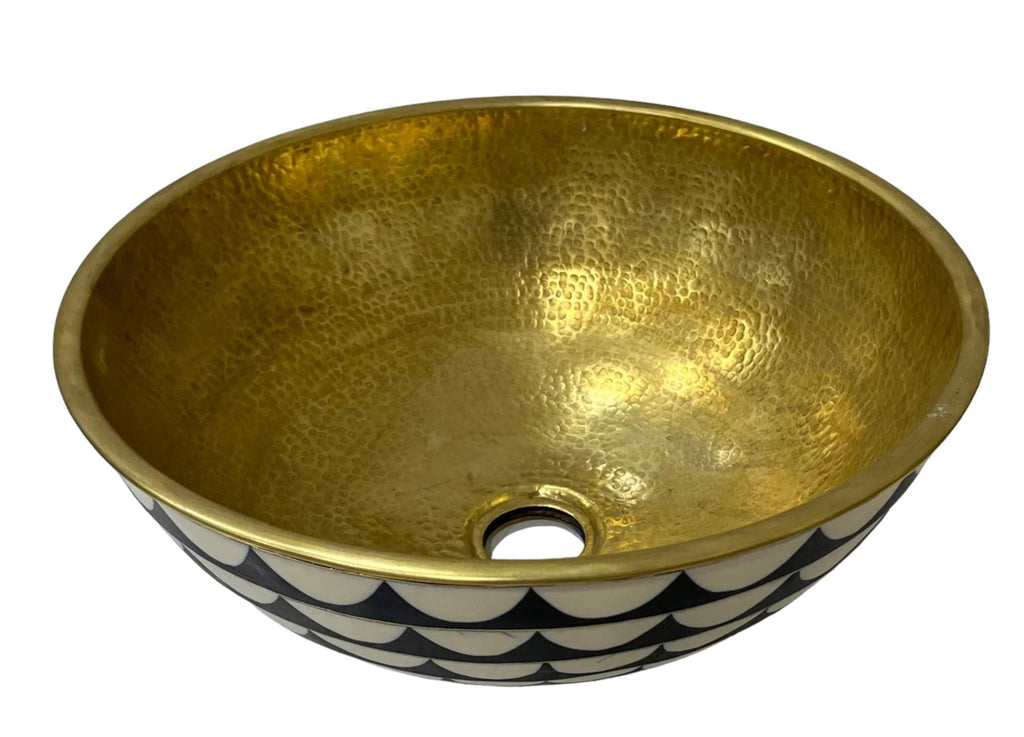 Handcrafted Moroccan copper and brass basin | Black and white tiled exterior | Hammered metal sink | Bathroom sink