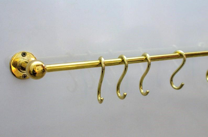 Porte ustensiles en laiton non verni avec crochets mobiles ,barre de cuisine antique en laiton, quincaillerie de cuisine en laiton