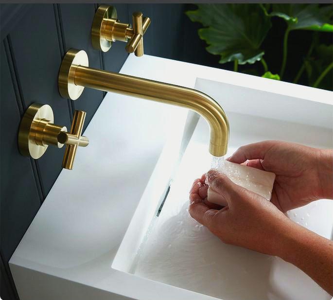 robinet de lavabo mural en laiton de luxe | Mitigeur moderne pour lavabo de salle de bain | Poignées croisées élégantes