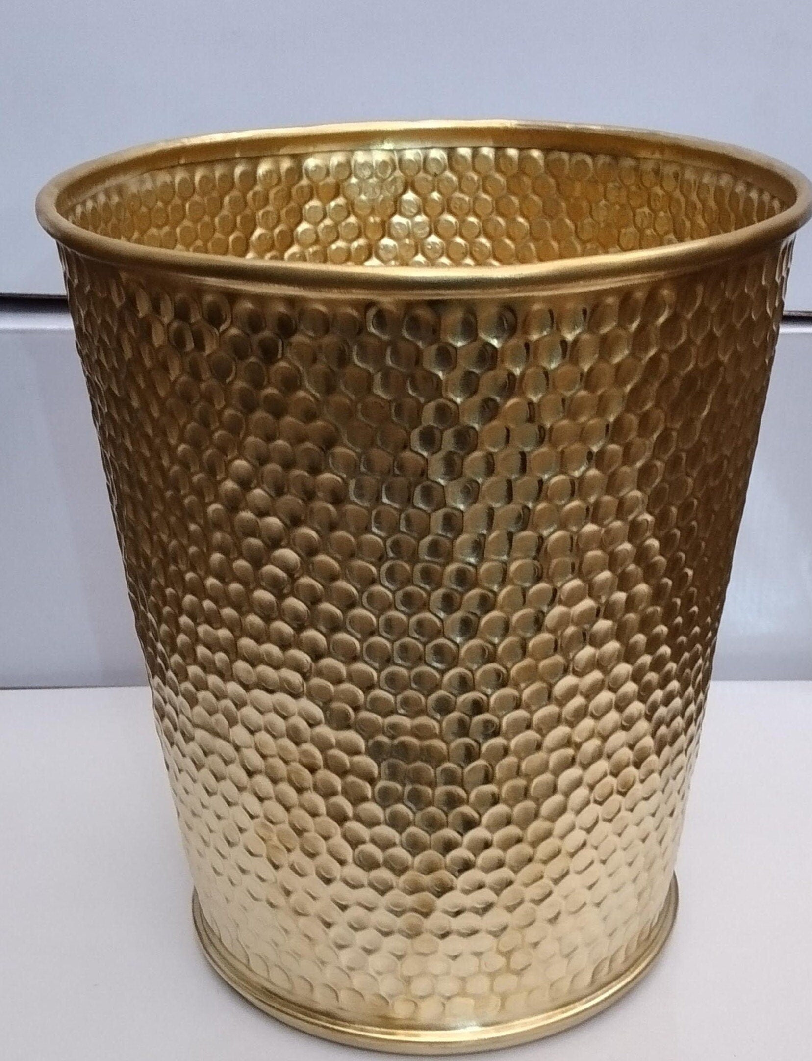 Hammered Gold Metal Waste Bin | Luxury Bathroom Trash Can Decor | Modern Metal Storage Basket