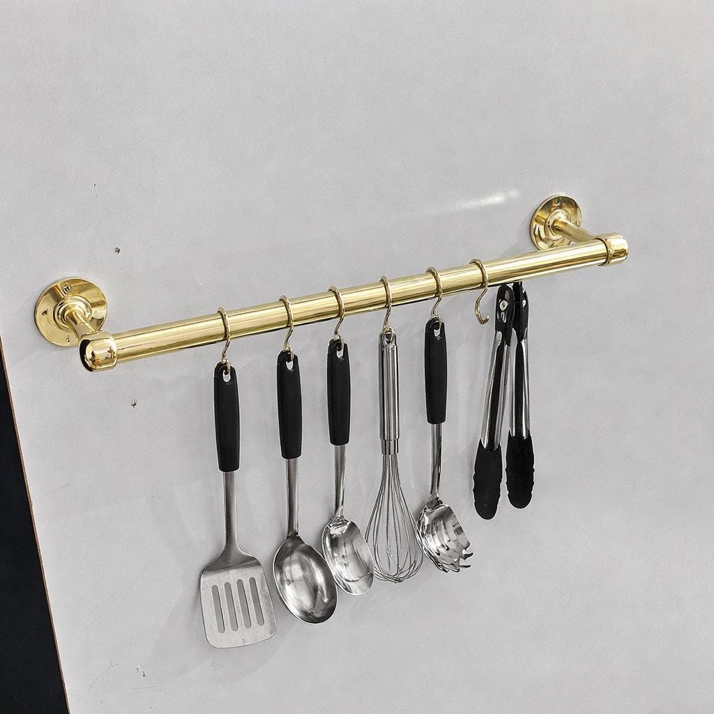 Unlacquered Brass Pot Rack, Antique Brass Kitchen Organizer, Copper Kitchen Hanging Rail with Hooks