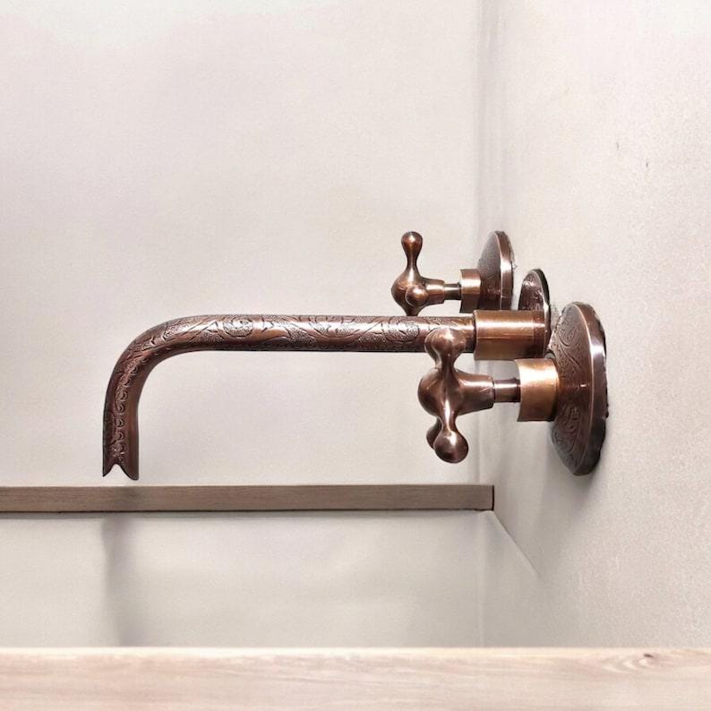 Robinet de salle de bain mural en  cuivre non laqué , robinet de meuble-lavabo mural antique