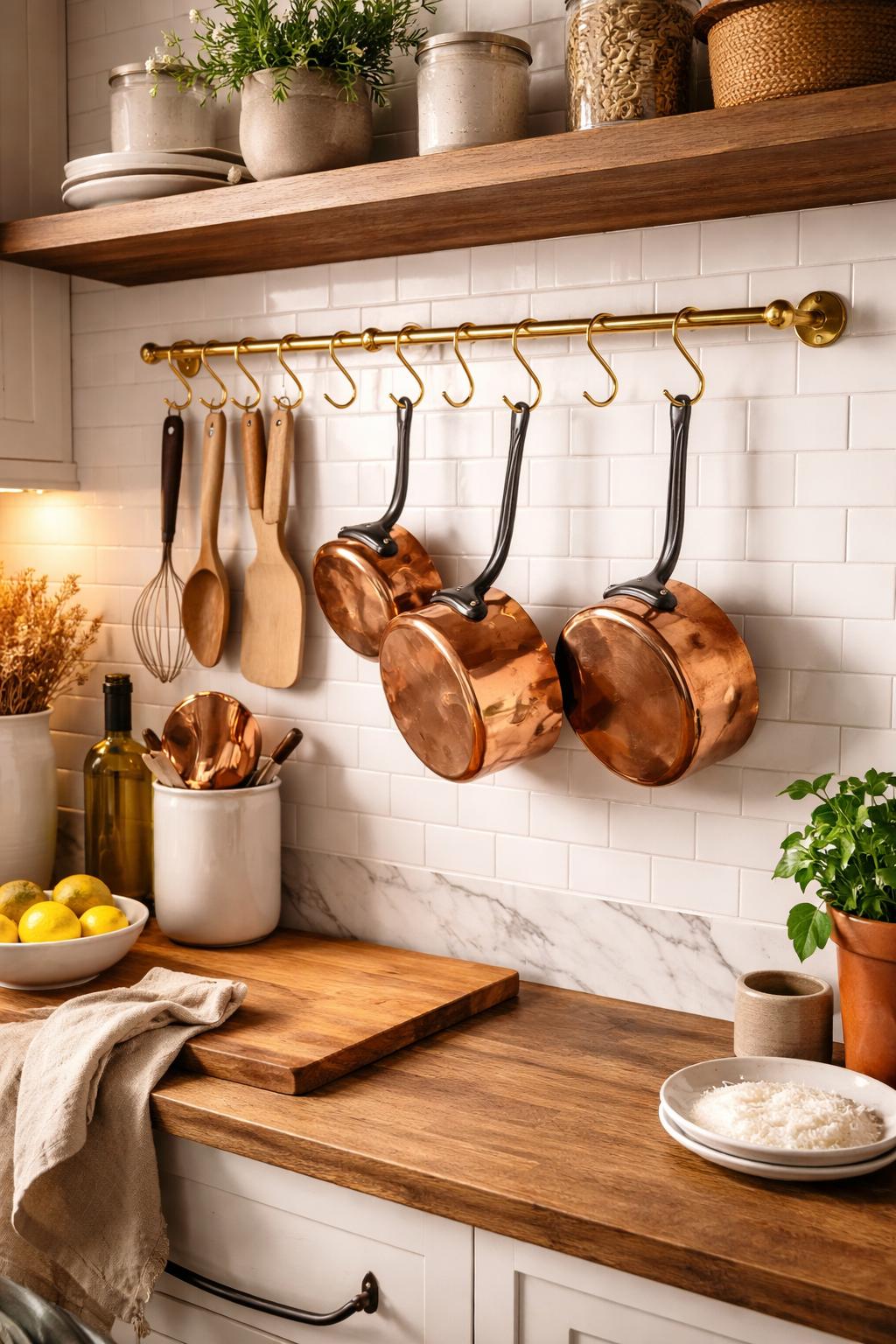 Porte ustensiles en laiton non verni avec crochets mobiles ,barre de cuisine antique en laiton, quincaillerie de cuisine en laiton