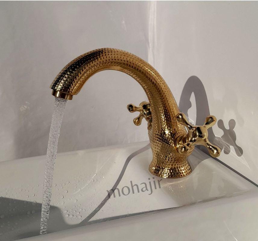 Robinet de lavabo martelé vintage en laiton | Robinet de lavabo classique à poignées