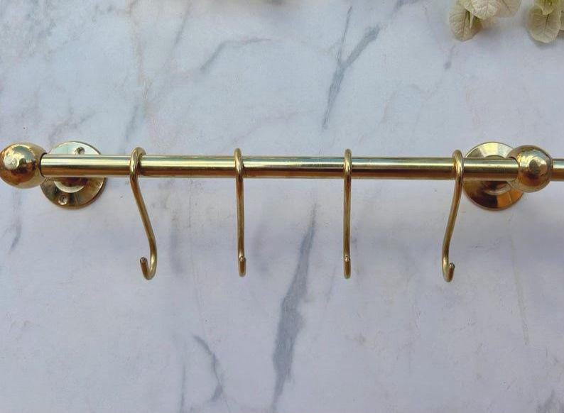 Unlacquered Brass Pot Rack, Antique Brass Kitchen Organizer, Copper Kitchen Hanging Rail with Hooks