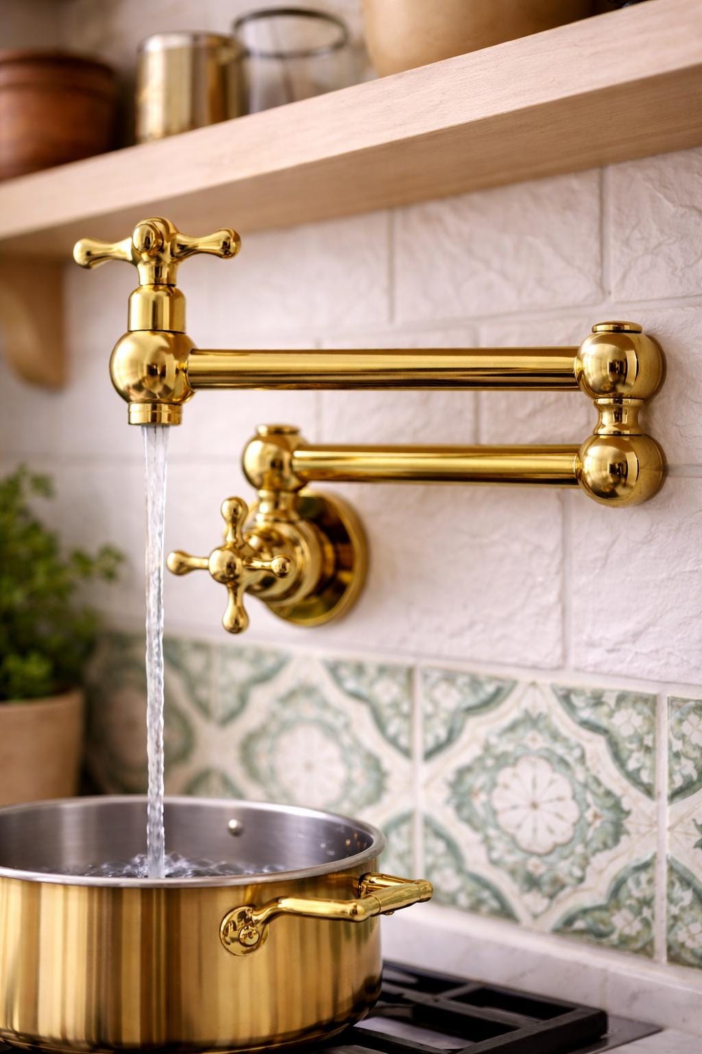 Solid Brass Wall Mount Pot Filler Faucet | Folding Swivel Arm Kitchen Faucet | Water Saving Faucet