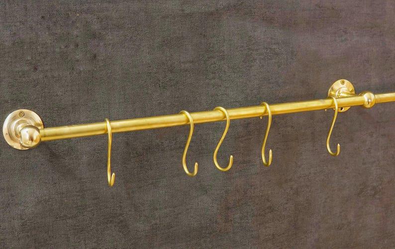 Unlacquered Brass Pot Rack, Antique Brass Kitchen Organizer, Copper Kitchen Hanging Rail with Hooks