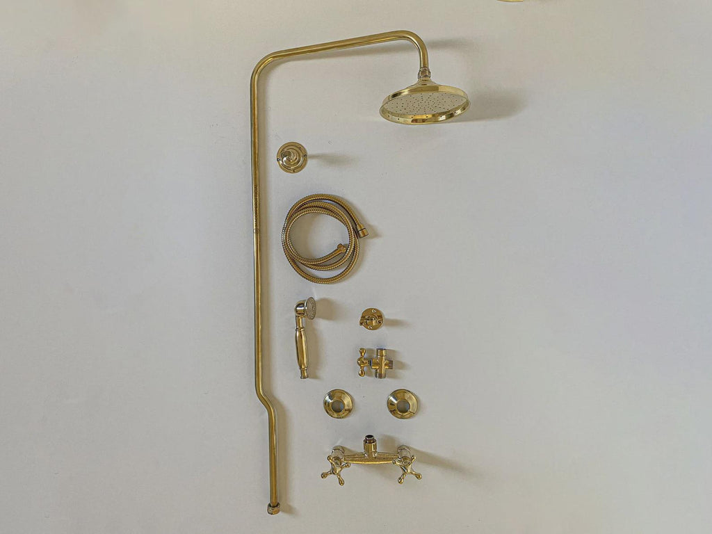 Ensemble robinet Douche en laiton  non verni avec pomme de douche en cuivre.Système de douche en laiton non laqué, système de douche