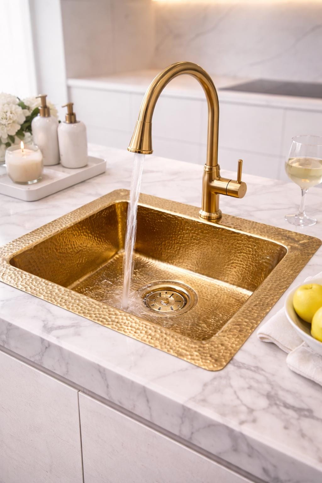 Évier cuisine laiton martelé 40 cm – Lavabo encastré luxe doré – Évier carré en laiton massif – Style moderne haut de gamme