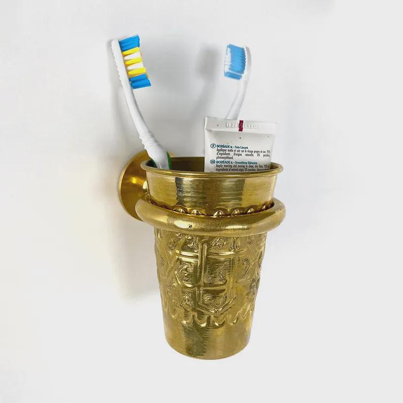 Porte gobelet a brosse a dents ,Porte Brosse à Dents Mural en Laiton Massif – Support Dentifrice Vintage – Accessoire Salle de Bain Luxe