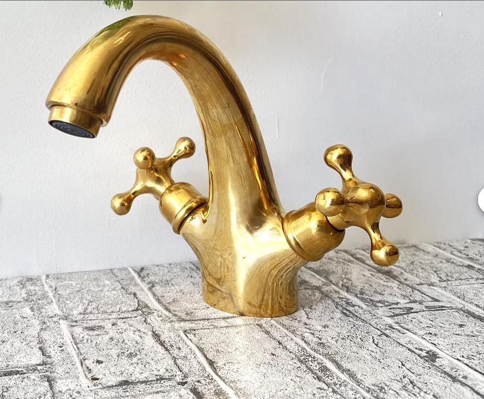Robinet de lavabo vintage en laiton | Robinet de lavabo classique à poignées croisées,bonde escamotable