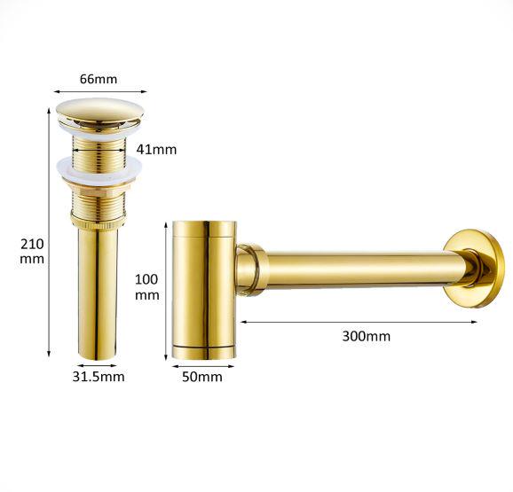 siphon en P, laiton massif, laiton non laqué, drain de lavabo, bouchon escamotable, vidage de salle de bain et laiton brut