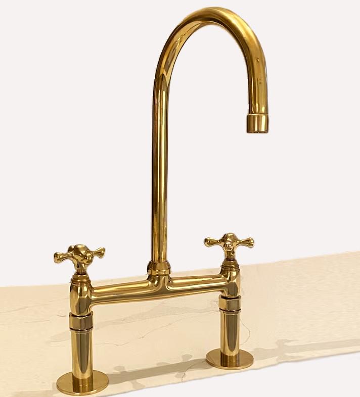 Robinet de cuisine en laiton  bronze non laqué,Robinet à poignées croisées et bec courbé en bronze