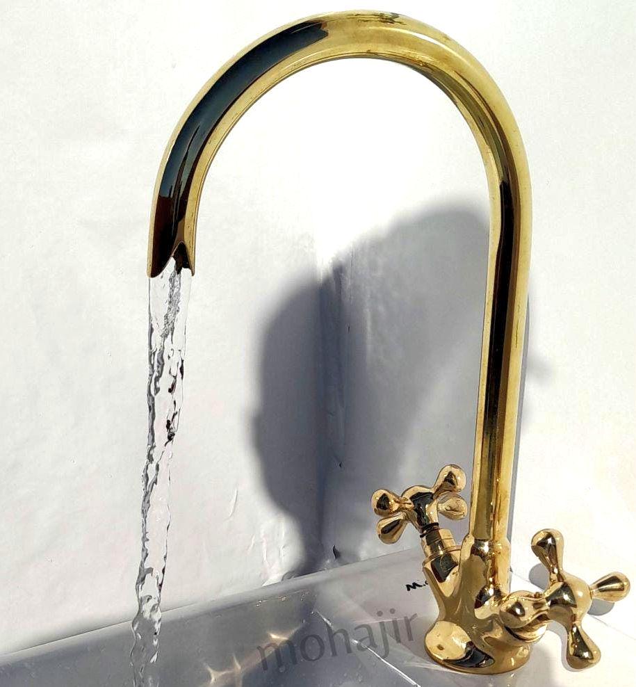 Robinet de lavabo en or poli,Robinet à double poignée avec bec haut,Mitigeur de lavabo en laiton de luxe,Accessoire classique pour la maison