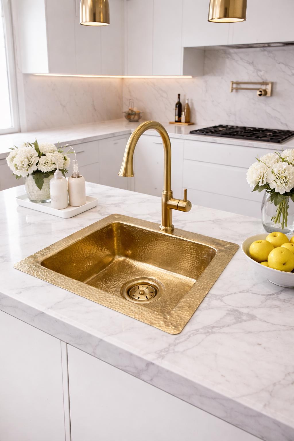 Évier cuisine laiton martelé 40 cm – Lavabo encastré luxe doré – Évier carré en laiton massif – Style moderne haut de gamme