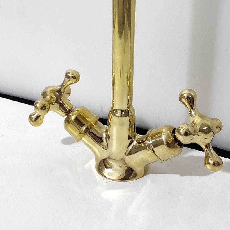 Robinet de lavabo en or poli,Robinet à double poignée avec bec haut,Mitigeur de lavabo en laiton de luxe,Accessoire classique pour la maison