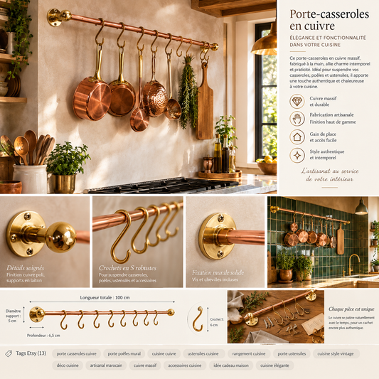 support casserole en cuivre et laiton massif avec crochets amovible