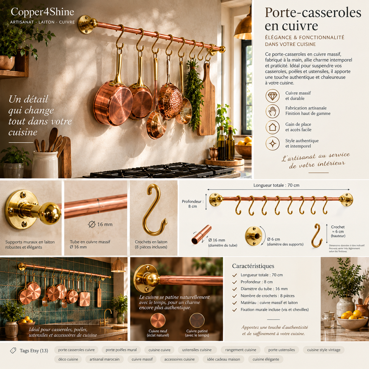 support casserole en cuivre et laiton massif avec crochets amovible