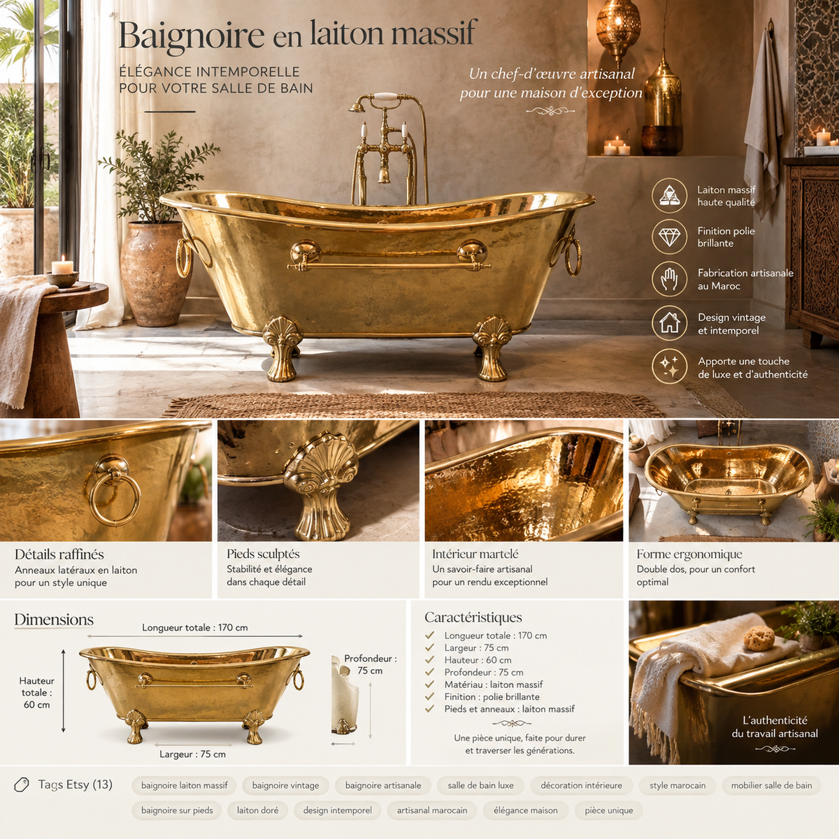 Baignoire en laiton massif martelé – Fabrication artisanale